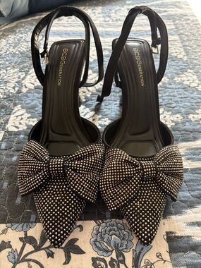BCBG Black Pointed-Toe Bow Ankle-Strap Heels with Stud Embellishment